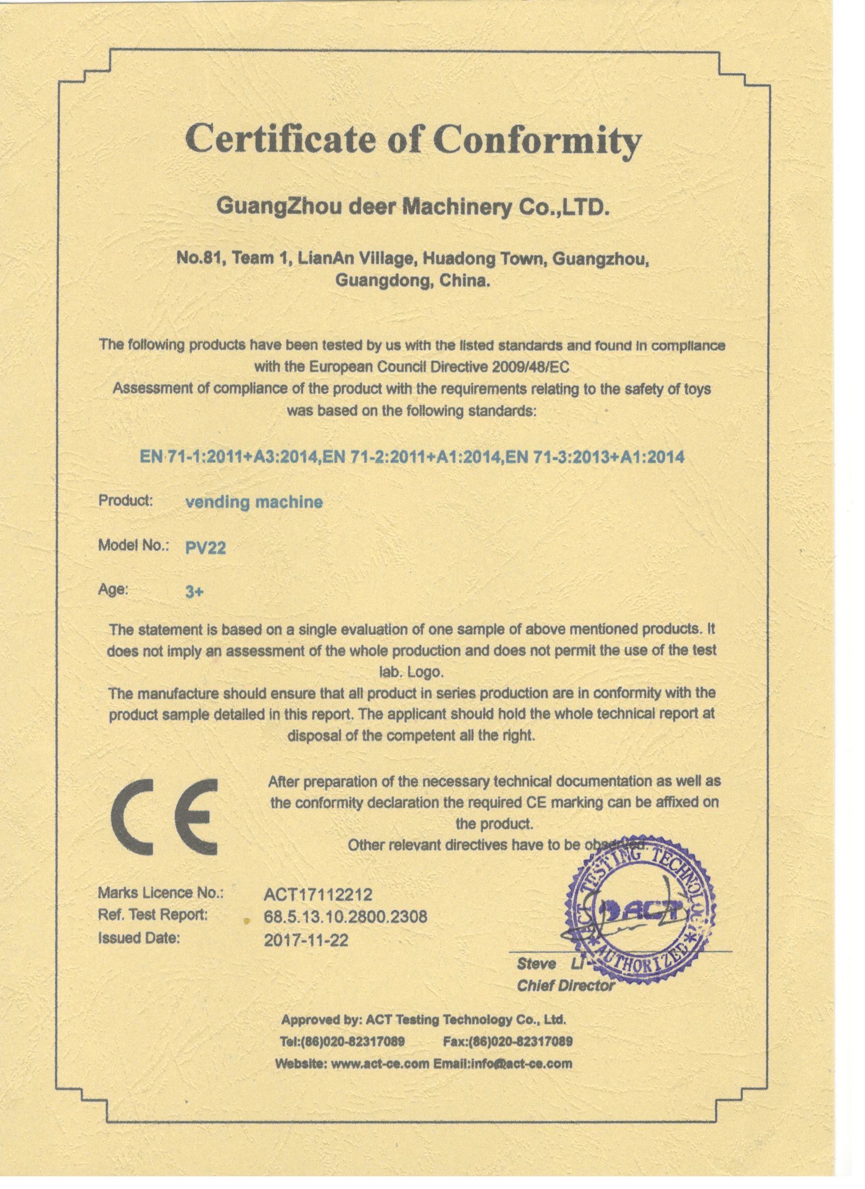 Κίνα Guangzhou Deer Machinery Co., Ltd. Πιστοποιήσεις